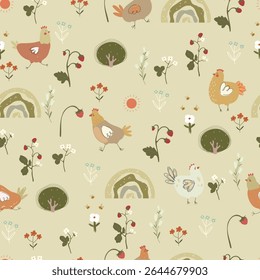 Seamless pattern with chickens, strawberries, plants, bees and rainbows. Vector illustration with cute animals and plants.