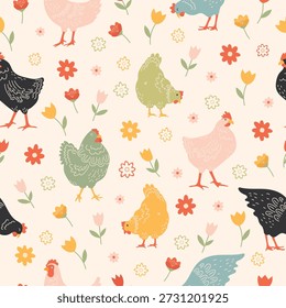 Padrão sem emenda com galinhas e tulipas em estilo cartoon. Fundo de primavera com flores e aves para cartões postais, têxteis, banners, tema de Páscoa