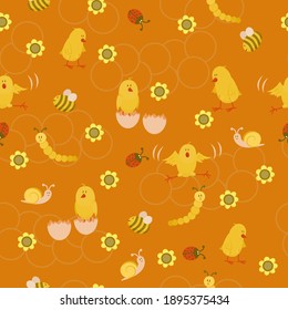 Seamless pattern with chickens. Vector seamless pattern with images of chickens, caterpillars, ladybirds, snails and flowers.