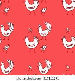 Seamless pattern with chickens in white and red colors. Birds set. Hen, rooster, chickens. Pattern in sketch style with farm animals on red background. For fabric, textile, wraps gifts, Easter.