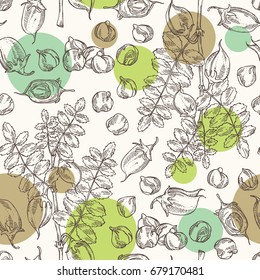 Seamless pattern with chickpea: chickpea bean, pod, chickpea plant and leaves Vector hand drawn illustration
