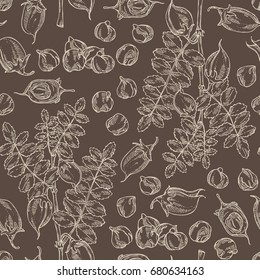 Seamless pattern with chickpea: chickpea bean, pod, chickpea plant and leaves Vector hand drawn illustration