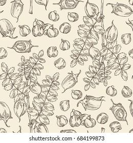 Seamless pattern with chickpea: chickpea bean, pod, chickpea plant and leaves Vector hand drawn illustration