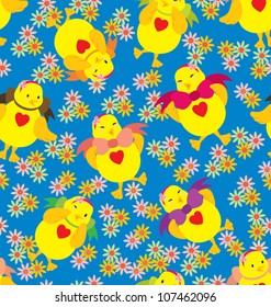 A seamless pattern of chicks in action, wearing big ribbon and big love shape on the chest.