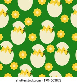 Seamless pattern of chicks in eggshells and cute flowers on a dark green background vector illustration