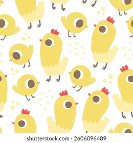 Сute seamless pattern with chicks, hens on white background
