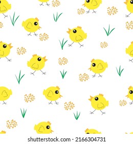 Seamless pattern with chicks on white background. Cute chicks. Vector illustration. Flat style