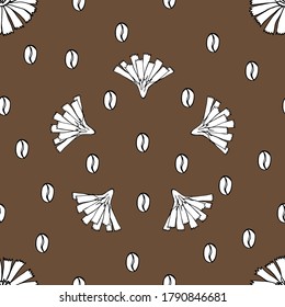 Patrón inmaculado de flores de achicoria y granos de café dibujo de contorno negro y blanco sobre fondo marrón. Ilustración para el diseño de embalajes, tapices, fondos, impresiones, tela, textil, envoltura.
