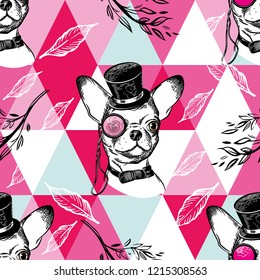Seamless pattern with chihuahua dog in monocle and top hat. Background with pink triangles. Patchwork picture.