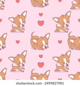 Seamless pattern with chihuahua dog on pink background with hearts. Funny cartoon kawaii pet character. Vector illustration 