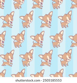Seamless pattern with chihuahua puppy on blue striped background. Funny cartoon kawaii dog character. Vector illustration 