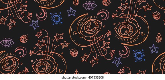 Seamless pattern child background. Moon and stars.Hand drawn magic illustration.