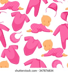 Seamless pattern with child and clothing in pink tones.