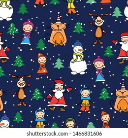 Seamless pattern with child, deer,cat and snowmen christmas. New Year. Vector illustration.