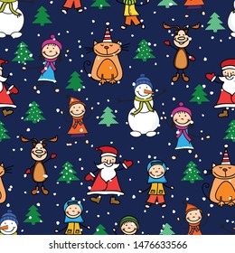 Seamless pattern with child, deer,cat and snowmen christmas. New Year. Vector illustration.