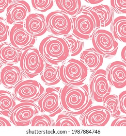 Seamless pattern with child doodle roses. Pattern with white swirls on a pink and white backdrops. Can be used for textile prints, cards, wrapping paper. Vector illustration, eps 10.