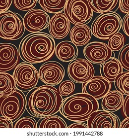 Seamless pattern with child doodle roses. Pattern with golden swirls on a burgundy red and black backdrops. Can be used for textile prints, cards, wrapping paper. Vector illustration, eps 10.