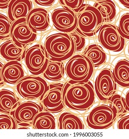 Seamless pattern with child doodle roses. Pattern with golden swirls on a red and white backdrops. Can be used for textile prints, cards, wrapping paper. Vector illustration, eps 10.