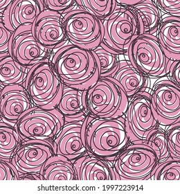 Patrón sin foco con rosas de doodle para niños. Patrón con remolinos violetas sobre fondo rosa y blanco. Se puede usar para impresiones textiles, tarjetas, papel envolvente. Ilustración vectorial, eps 10.
