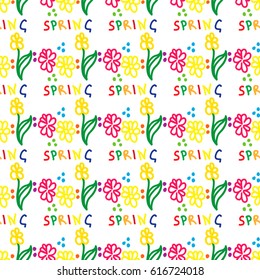 Seamless pattern with child drawing flowers