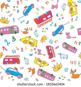 Seamless pattern with child hand drawn cartoon cars, bus, fire engine, ambulance, rabbit and cat on the white background for kids fabric printing, textile design, nursery wallpaper. White background.