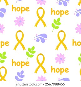 Seamless pattern for childhood cancer day with yellow ribbon and word hope. Awareness, support, hope, solidarity concept.Background, textile, paper, fabric. Vector illustration.