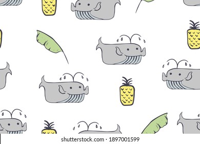 Seamless pattern, childish African animals illustration. Cute whale, funny whale on white. Cartoon character. Baby scandinavian vector pattern. Hand drawn illustratin for kids fabric, textile