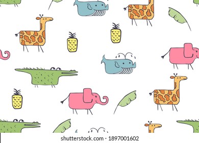 Seamless pattern, childish African animals illustration. Cute pink elephant, funny whale on white. Cartoon character. Baby scandinavian vector pattern. Hand drawn illustratin for kids fabric, textile