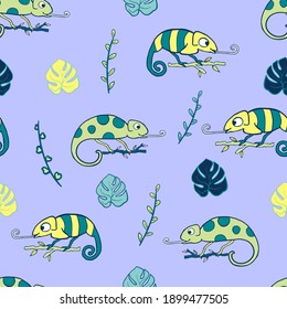 Seamless pattern, childish animals chameleon illustration. Cute green color chameleon. Kawaii cartoon character. Baby doodle vector pattern. Hand drawn illustration for kids fabric, textile, wrapping