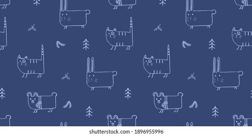 Ilustración de animales infantiles sin foco. Gato lindo, oso gracioso, conejo azul. Caricatura de Kawaii. Patrón de vector escandinavo del bebé. Fondo de lino dibujado a mano para tela infantil, textil