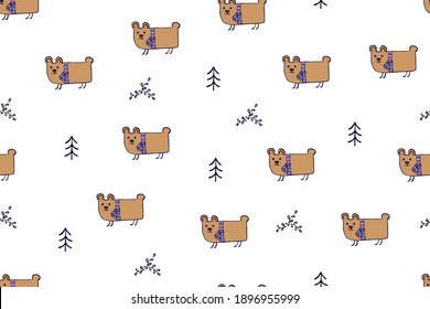 Patrón sin foco, ilustración de animales infantiles. Oso lindo, oso gracioso en blanco. Caricatura de Kawaii. Patrón de vector escandinavo del bebé. Ilustración dibujada a mano para tela infantil, textil, envoltura