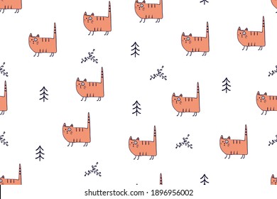 Seamless pattern, childish animals illustration. Cute cat, funny kitty on white. Kawaii cartoon character. Baby scandinavian vector pattern. Hand drawn illustratin for kids fabric, textile, wrapping