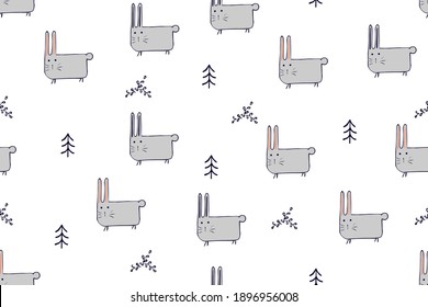 Seamless pattern, childish animals illustration. Cute bunny, funny hare on white. Kawaii cartoon character. Baby scandinavian vector pattern. Hand drawn illustratin for kids fabric, textile, wrapping