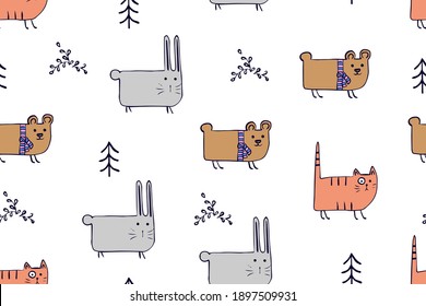 Seamless pattern, childish animals illustration. Cute cat, funny bear, rabbit on white. Kawaii cartoon character. Baby scandinavian vector pattern. Hand drawn illustratin for kids fabric, textile