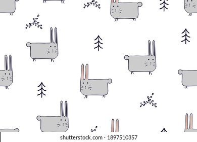 Patrón sin foco, ilustración de animales infantiles. Hermoso, liebre divertida en blanco. Caricatura de Kawaii. Patrón de vector escandinavo del bebé. Ilustración dibujada a mano para tela infantil, textil, envoltura