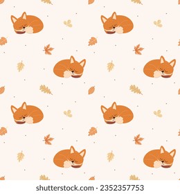 Seamless pattern with childish autumn plants twigs leaves. Cute illustration for child textiles, design.