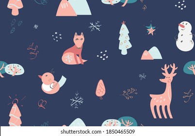 Seamless pattern. Childish background with snowman, deer, fox, bird, mountains and Christmas trees. Hand drawing, vintage style for for decoration, wrapping paper, textile, fabric, wallpaper. Vector