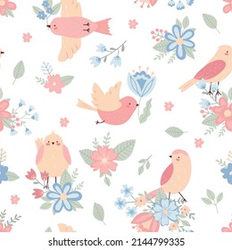 Seamless pattern with childish birds and flowers on a white background. Cute vector illustration in pastel colors with floral elements, for design, fabric and textiles.