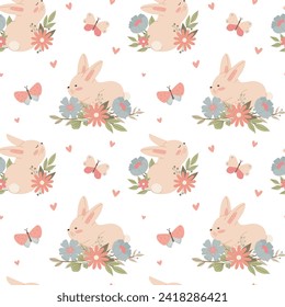 Seamless pattern with childish bunny flowers butterflies. Cute vector illustration in pastel colors with floral elements, for design, fabric and textiles.