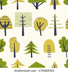 Seamless pattern with childish cartoon flat trees. Vector forest endless illustration for fabric, wrapping, textile, wallpaper, surface design