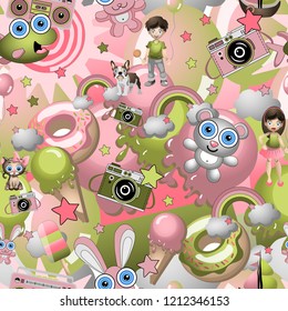 Seamless pattern with childish cartoon style elements, boy and girl, pets. Child concept wallpaper texture.