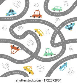 Seamless pattern of childish cartoon town, city map with road and cars for fabric, wallpaper, background design. Cute baby, child vector illustration.