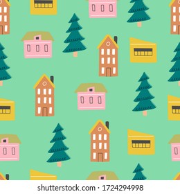 Patrón sin inconvenientes de pueblo de dibujos animados infantiles, ciudad con árbol y edificio para tela, papel pintado, diseño de fondo. Cebada, ilustración de vector infantil.
