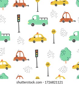 Seamless pattern of childish cartoon town, city map with road and cars for fabric, wallpaper, background design. Cute baby, child vector illustration.