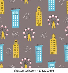 Seamless pattern of childish cartoon town, city with tree and building for fabric, wallpaper, background design. Cute baby, child vector illustration.