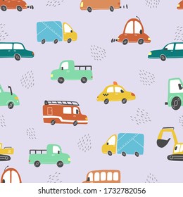Seamless pattern of childish cartoon town, city map with road and cars for fabric, wallpaper, background design. Cute baby, child vector illustration.