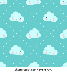 Seamless pattern with childish cloud with a smile and a light blue cute little stars on aquamarine background.