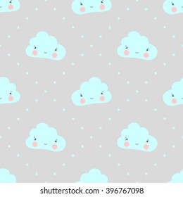 Seamless pattern with childish cloud with a smile and a light blue cute little stars on a gray background.