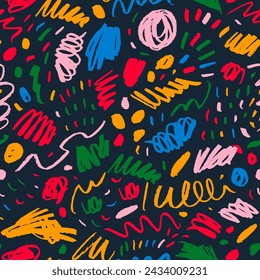 Seamless pattern with childish colorful scribbles and doodle lines, rough dots. Organic multi colored texture with crayon, charcoal strokes. Fun childish pencil doodle seamless pattern.