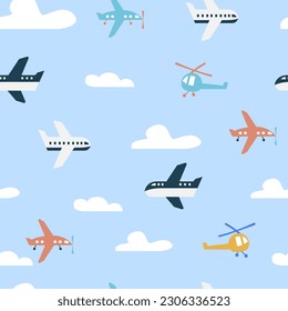 Seamless pattern of childish cute air plane or transportation with cloud and blue background